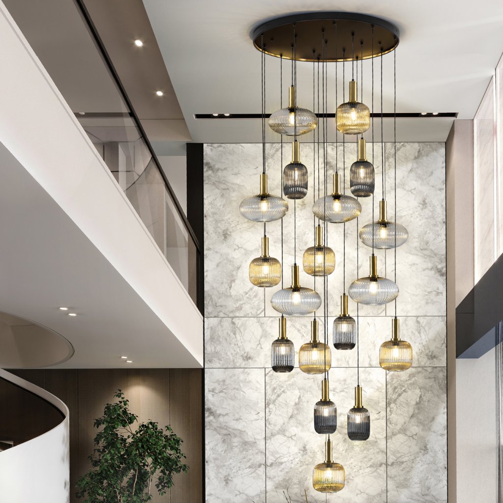 Lustra XXL casa scarii moderna dimabila cu 18 pendule Norma, Lustre si corpuri de iluminat pentru casa scarii⭐ candelabre mari elegante de lux, decorate cu cristale, stil modern.✅DeSiGn decorativ unic❗ ➽www.evalight.ro. Alege corpuri de iluminat interior suspendate de tip suspensii, modele potrivite pt HoReCa (hotel, receptie restaurant, pensiune, bar), spatii comerciale sau case spatioase cu tavan înalt, calitate deosebita la cel mai bun pret. a