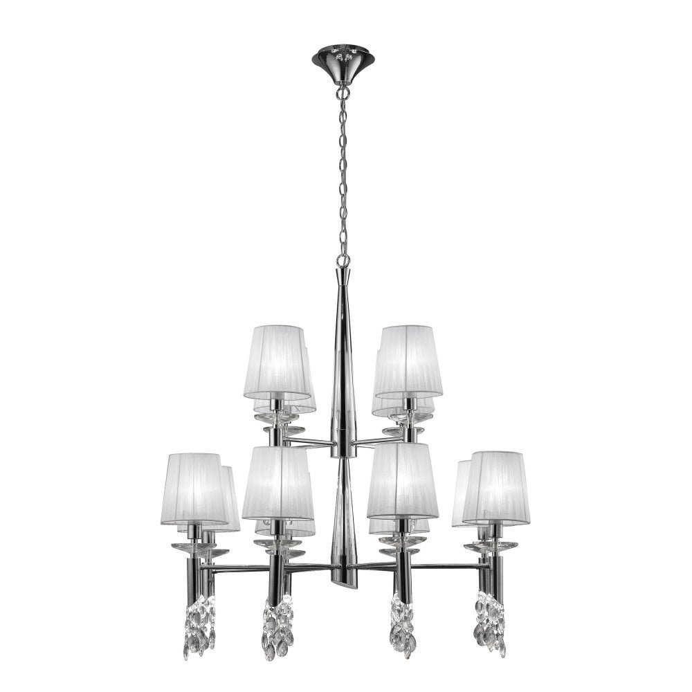 Candelabru elegant cu 12 brate Tiffany crom/ abajur alb, Candelabre si Lustre moderne⭐ modele elegante de lux pentru dormitor living, bucatarie.✅DeSiGn decorativ unic!❤️Promotii lampi❗ ➽www.evalight.ro. Alege corpuri de iluminat suspendate pt interior stil modern, suspensii de tip pendule cu cristale, abajur material textil, lemn, metal, sticla, bec tip lumanare Edison sau LED, ieftine de calitate deosebita la cel mai bun pret.

 a