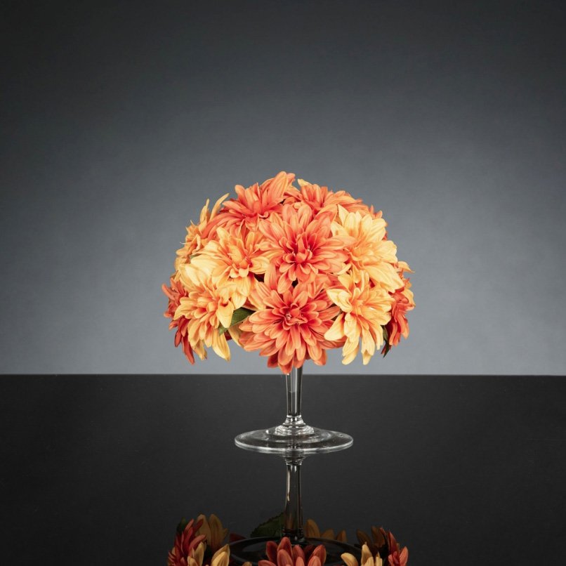 Aranjament floral mic decor festiv design LUX STAND DAHLIA ORANGE, Aranjamente florale de lux, plante decorative & flori artificiale in ghiveci⭐ modele design modern ornamental natural pentru decor casa❗ ➽ www.evalight.ro. a