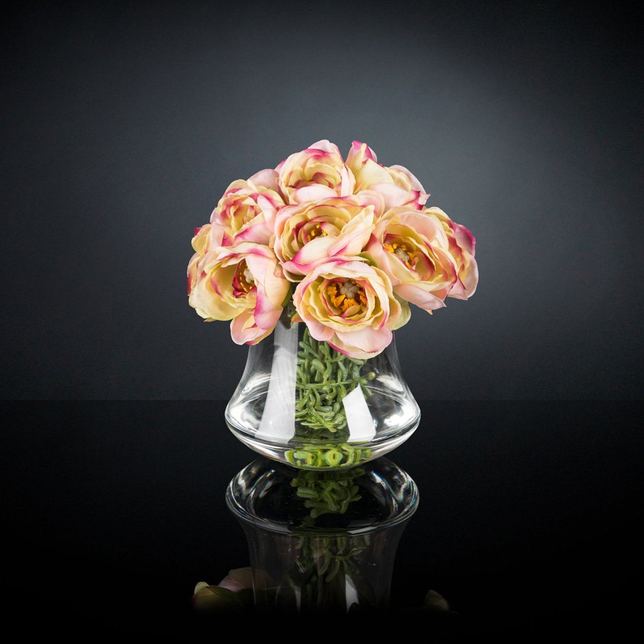 Aranjament floral mic decor festiv design LUX RANUNCULUS BOUQUET PINK, Aranjamente florale de lux, plante decorative & flori artificiale in ghiveci⭐ modele design modern ornamental natural pentru decor casa❗ ➽ www.evalight.ro. a