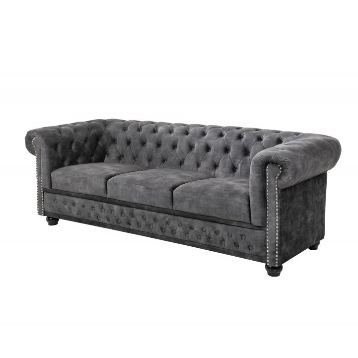 Canapea clasica stil englezesc Chesterfield 3 locuri, gri, Canapele / Coltare moderne, extensibile⭐ modele de lux elegante tapitate cu catifea pentru living si dormitor.❤️Promotii canapele, coltare sufragerie❗ ➽ www.evalight.ro. Alege canapele tip coltar, pat extensibil tapitat cu stofa chesterfield, piele naturala (ecologica), material textil, cu spatar inalt, saltea cu spuma de memorie, arcuri relaxa, picioare si brate din lemn, metalice, mici si mari pt set fotolii, clasice in stil baroc, scandinave, vintage retro, industrial, pt camera de zi, ieftine si de calitate deosebita la cel mai bun pret. a