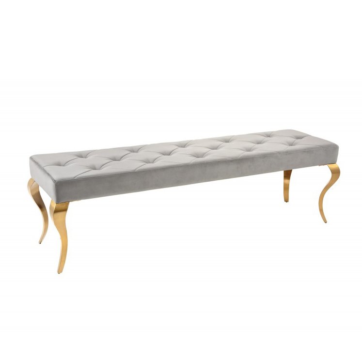 Banca eleganta Modern Barock 170cm, gri / auriu, Tabureti / Banchete moderne⭐ modele elegante tapitate cu spatiu de depozitare sau pat, ideale pentru hol, dormitor, bucatarie, living. ➽ www.evalight.ro. Alege scaune tip taburet, bancuta, bancheta tapitata cu spatar si lada de depozitare pt amenajare casa, tapiterii colorate, din piele naturala (ecologica), stofa, material textil, catifea, cu picioare metalice sau din lemn, clasice, vintage (retro si industriale), ieftine si de calitate deosebita la cel mai bun pret.

 a