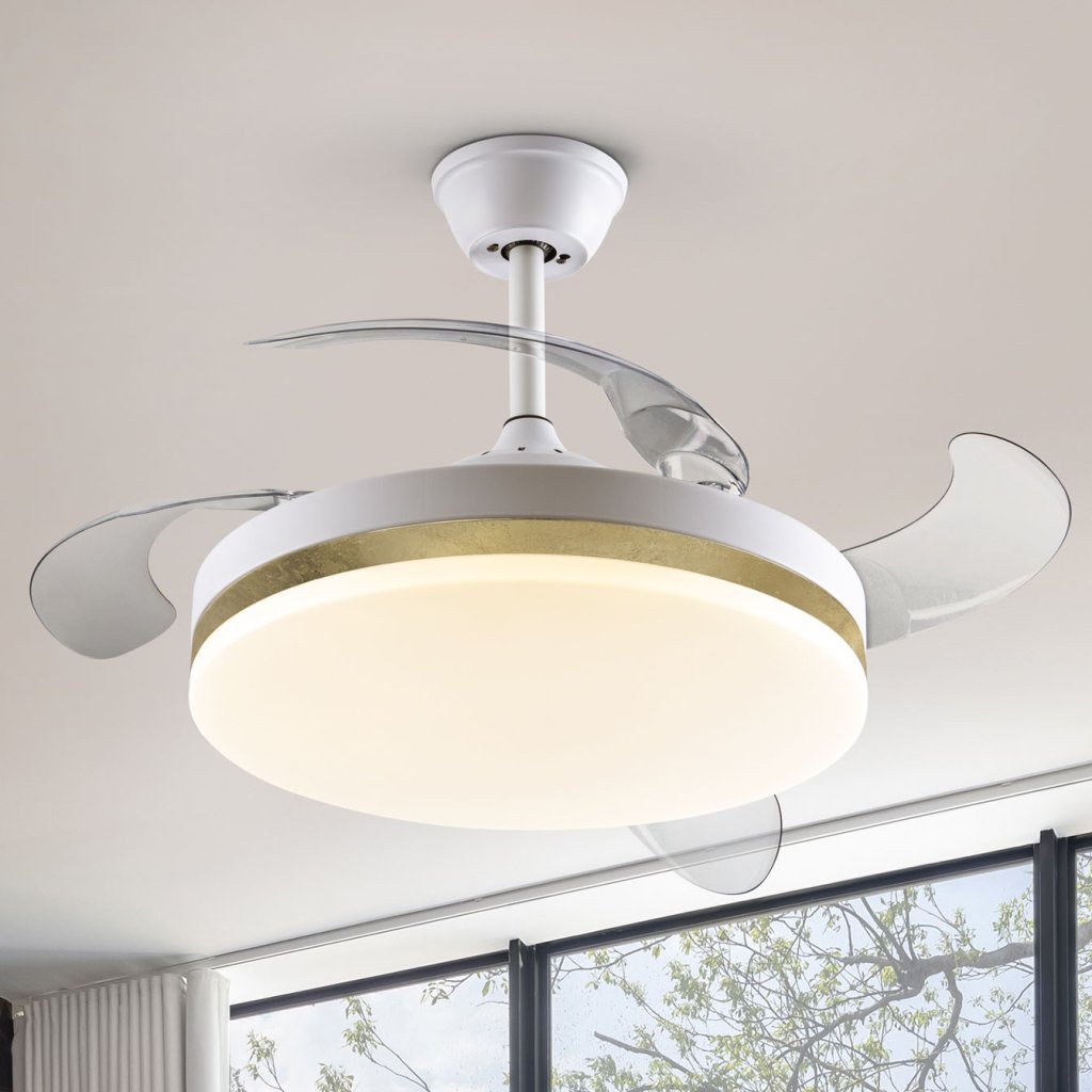 Lustra LED cu Ventilator si telecomanda, lame retractabile Vento alb/auriu, Lustre cu ventilator, tavan⭐ ventilatoare moderne cu sisteme de iluminat LED si telecomanda.❤️Promotii lampi❗ ➽www.evalight.ro. Alege corpuri de iluminat cu ventilator profesionale, ieftine sau de lux, calitate premium la cel mai bun pret! a