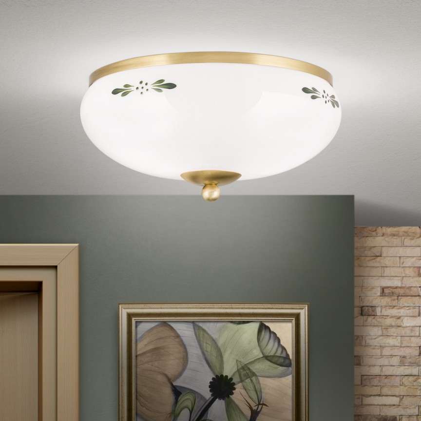 Plafoniera clasica Landhaus Ø28cm alama satin/ sticla opal decor verde, Lustre/Plafoniere clasice, tavan⭐modele elegante de lux pentru dormitor living, hol.✅DeSiGn decorativ unic!❤️Promotii lampi❗ ➽www.evalight.ro. Alege oferte la corpuri de iluminat interior stil clasic pt perete si tavane joase, decor cristal, bec LED sau vintage, ieftine de calitate deosebita la cel mai bun pret. a