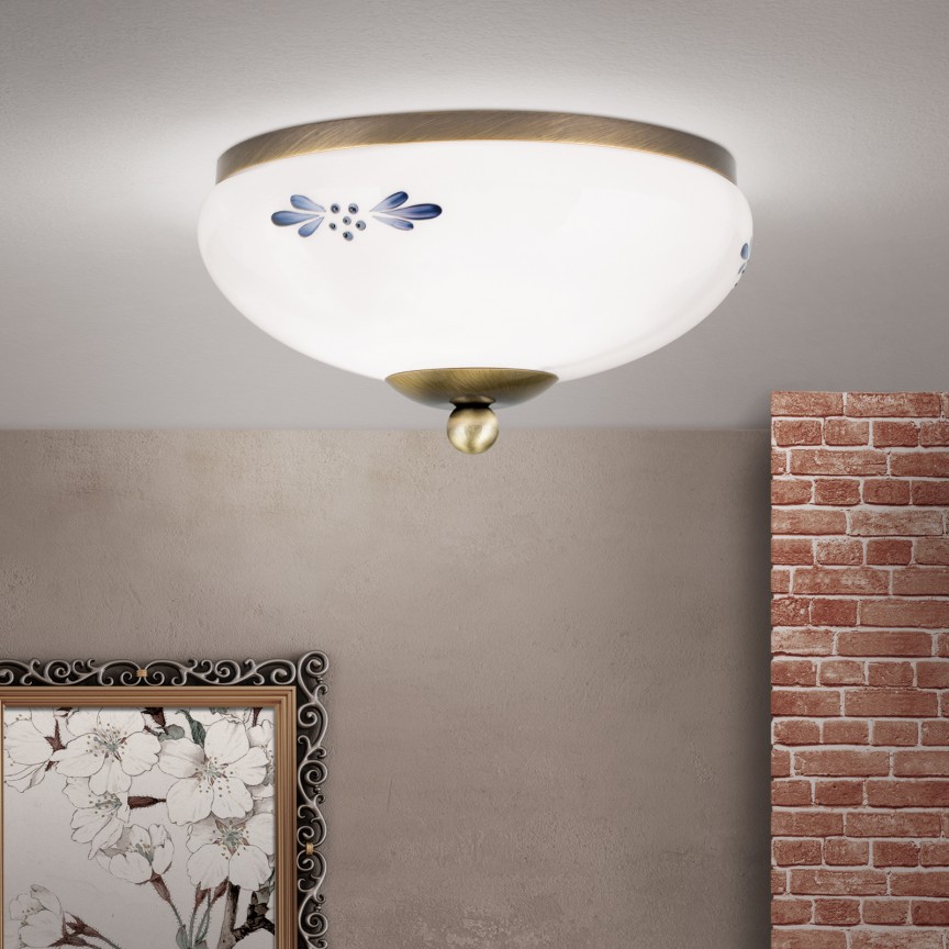 Plafoniera clasica Landhaus Ø21cm alama antique/ sticla opal decor albastru, Lustre/Plafoniere clasice, tavan⭐modele elegante de lux pentru dormitor living, hol.✅DeSiGn decorativ unic!❤️Promotii lampi❗ ➽www.evalight.ro. Alege oferte la corpuri de iluminat interior stil clasic pt perete si tavane joase, decor cristal, bec LED sau vintage, ieftine de calitate deosebita la cel mai bun pret. a