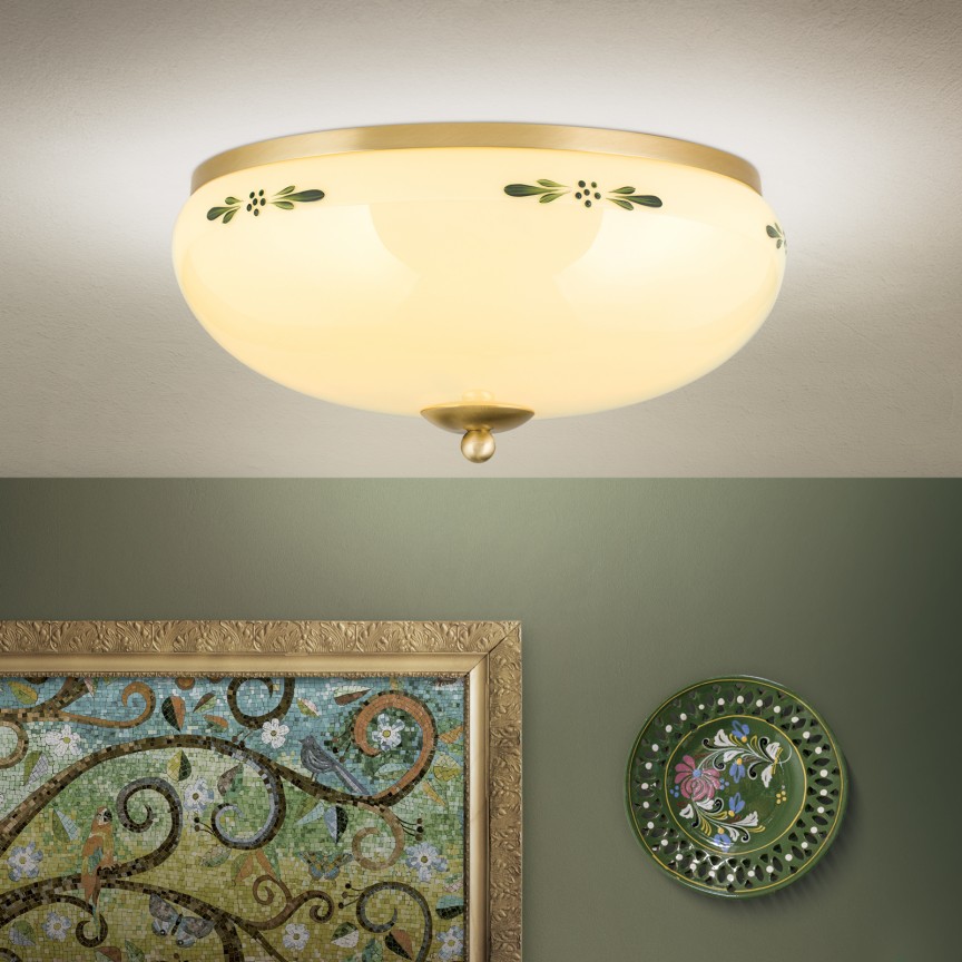 Plafoniera clasica Landhaus Ø35cm alama satin/ sticla champagne decor verde, Lustre/Plafoniere clasice, tavan⭐modele elegante de lux pentru dormitor living, hol.✅DeSiGn decorativ unic!❤️Promotii lampi❗ ➽www.evalight.ro. Alege oferte la corpuri de iluminat interior stil clasic pt perete si tavane joase, decor cristal, bec LED sau vintage, ieftine de calitate deosebita la cel mai bun pret. a