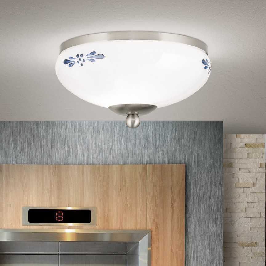 Plafoniera clasica Landhaus Ø21cm crom satin/ sticla opal decor albastru, Candelabre si Lustre moderne elegante⭐ modele clasice de lux pentru living, bucatarie si dormitor.✅ DeSiGn actual Top 2020!❤️Promotii lampi❗ ➽ www.evalight.ro. Oferte corpuri de iluminat suspendate pt camere de interior (înalte), suspensii (lungi) de tip lustre si candelabre, pendule decorative stil modern, clasic, rustic, baroc, scandinav, retro sau vintage, aplicate pe perete sau de tavan, cu cristale, abajur din material textil, lemn, metal, sticla, bec Edison sau LED, ieftine de calitate deosebita la cel mai bun pret. a