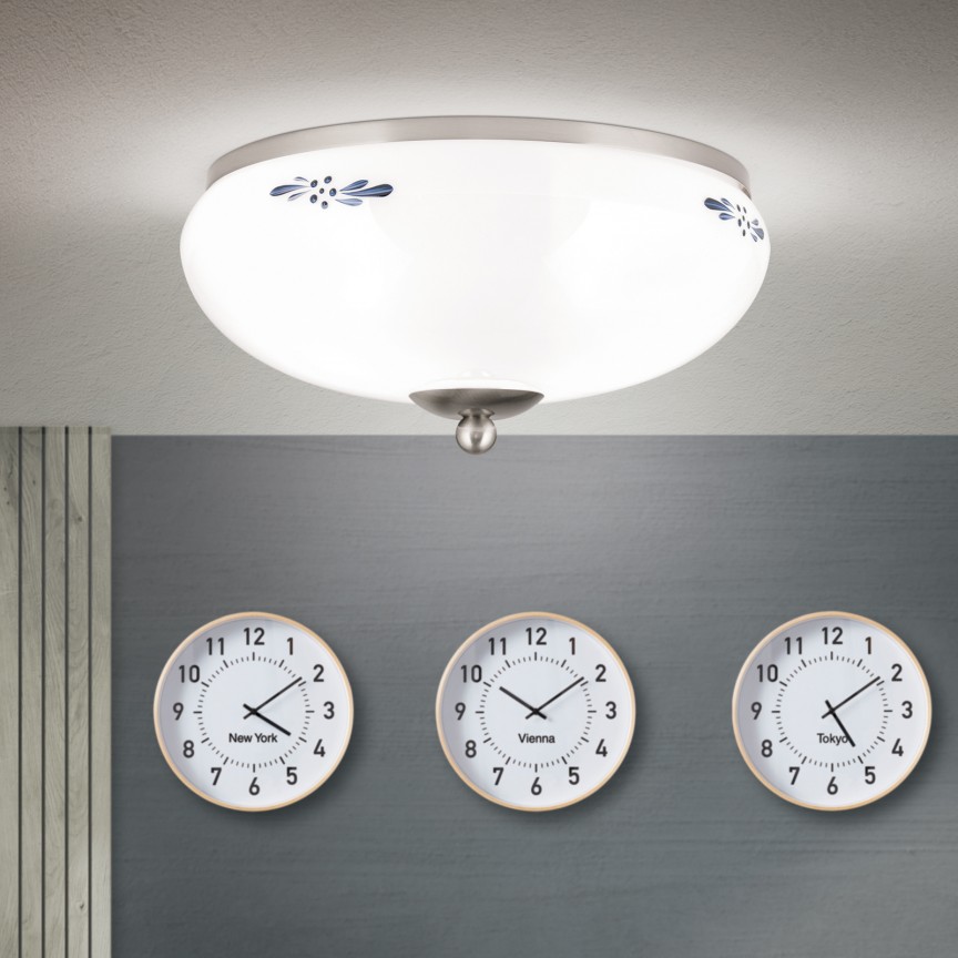 Plafoniera clasica Landhaus Ø28cm crom satin/ sticla opal decor albastru, Lustre/Plafoniere clasice, tavan⭐modele elegante de lux pentru dormitor living, hol.✅DeSiGn decorativ unic!❤️Promotii lampi❗ ➽www.evalight.ro. Alege oferte la corpuri de iluminat interior stil clasic pt perete si tavane joase, decor cristal, bec LED sau vintage, ieftine de calitate deosebita la cel mai bun pret. a