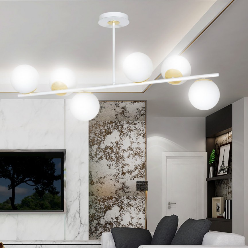 Lustra moderna cu 6 surse de lumina FLOKI 6 alb/ auriu, Lustre aplicate, moderne⭐ modele elegante pentru living, dormitor, bucatarie sau hol.✅DeSiGn decorativ unic!❤️Promotii lampi❗ ➽www.evalight.ro. Alege corpuri de iluminat interior de tip plafoniera si lustre aplicate de tavan, ieftine de de lux, calitate deosebita la cel mai bun pret. a