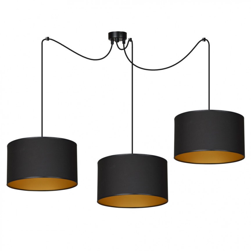 Lustra moderna cu 3 pendule ROTO 3 BL negru/ auriu, Pendule / Lustre suspendate moderne, LED⭐ modele elegante pentru bucatarie, living dormitor.✅DeSiGn decorativ unic!❤️Promotii lampi❗ ➽www.evalight.ro. Alege corpuri de iluminat suspendate pt interior stil modern, suspensii de tip pendule cu cristale, abajur material textil, lemn, metal, sticla, bec tip lumanare Edison sau LED, ieftine si de lux, calitate deosebita la cel mai bun pret. a