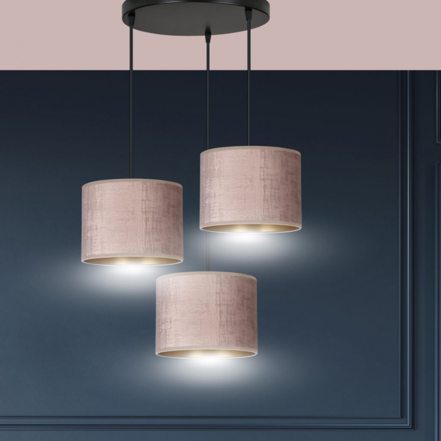 Lustra suspendata moderna design elegant HILDE 3 roze, Candelabre si Lustre moderne elegante⭐ modele clasice de lux pentru living, bucatarie si dormitor.✅ DeSiGn actual Top 2020!❤️Promotii lampi❗ ➽ www.evalight.ro. Oferte corpuri de iluminat suspendate pt camere de interior (înalte), suspensii (lungi) de tip lustre si candelabre, pendule decorative stil modern, clasic, rustic, baroc, scandinav, retro sau vintage, aplicate pe perete sau de tavan, cu cristale, abajur din material textil, lemn, metal, sticla, bec Edison sau LED, ieftine de calitate deosebita la cel mai bun pret. a