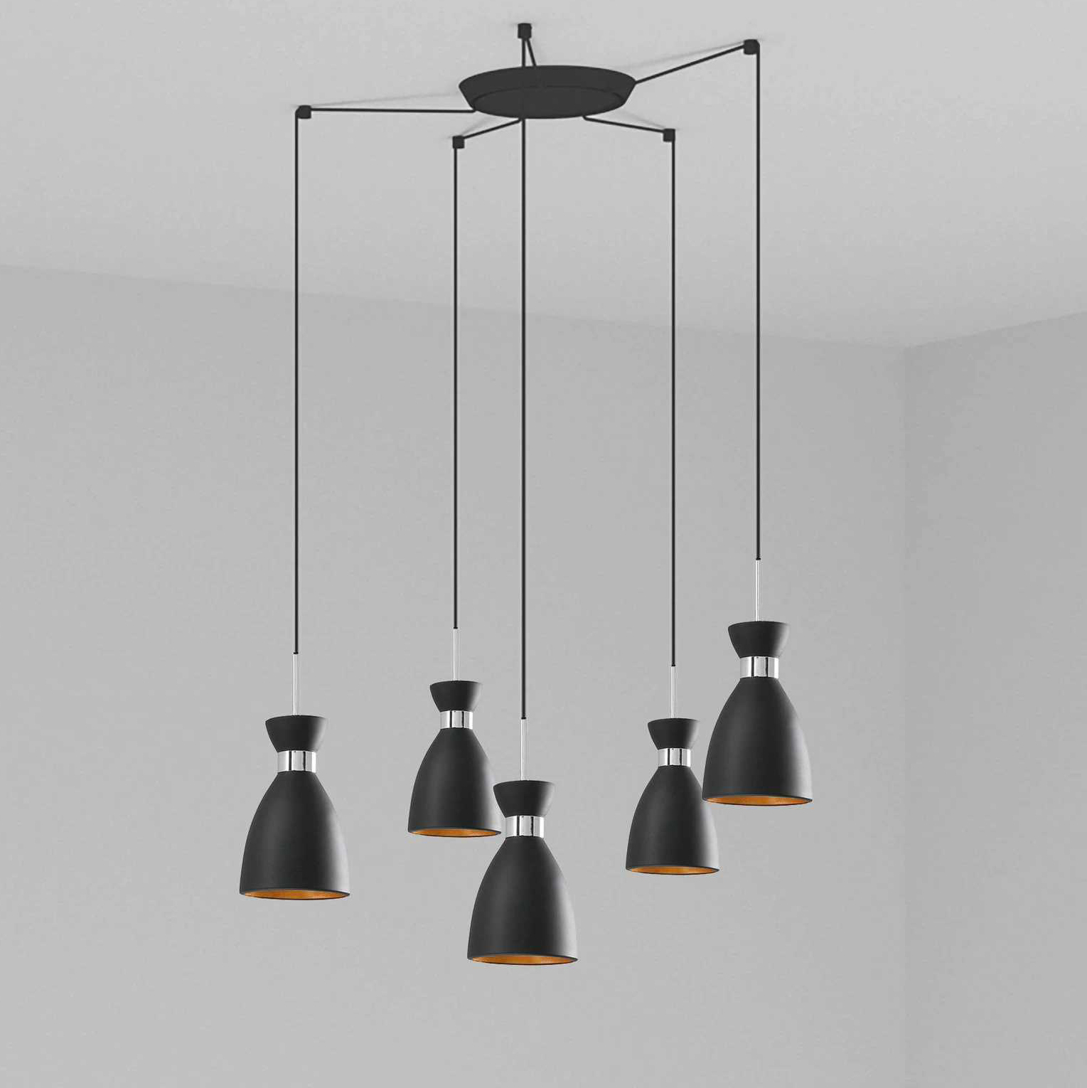 Lustra suspendata cu 5 pendule RETRO negru/cupru, Pendule / Lustre suspendate moderne, LED⭐ modele elegante pentru bucatarie, living dormitor.✅DeSiGn decorativ unic!❤️Promotii lampi❗ ➽www.evalight.ro. Alege corpuri de iluminat suspendate pt interior stil modern, suspensii de tip pendule cu cristale, abajur material textil, lemn, metal, sticla, bec tip lumanare Edison sau LED, ieftine si de lux, calitate deosebita la cel mai bun pret. a