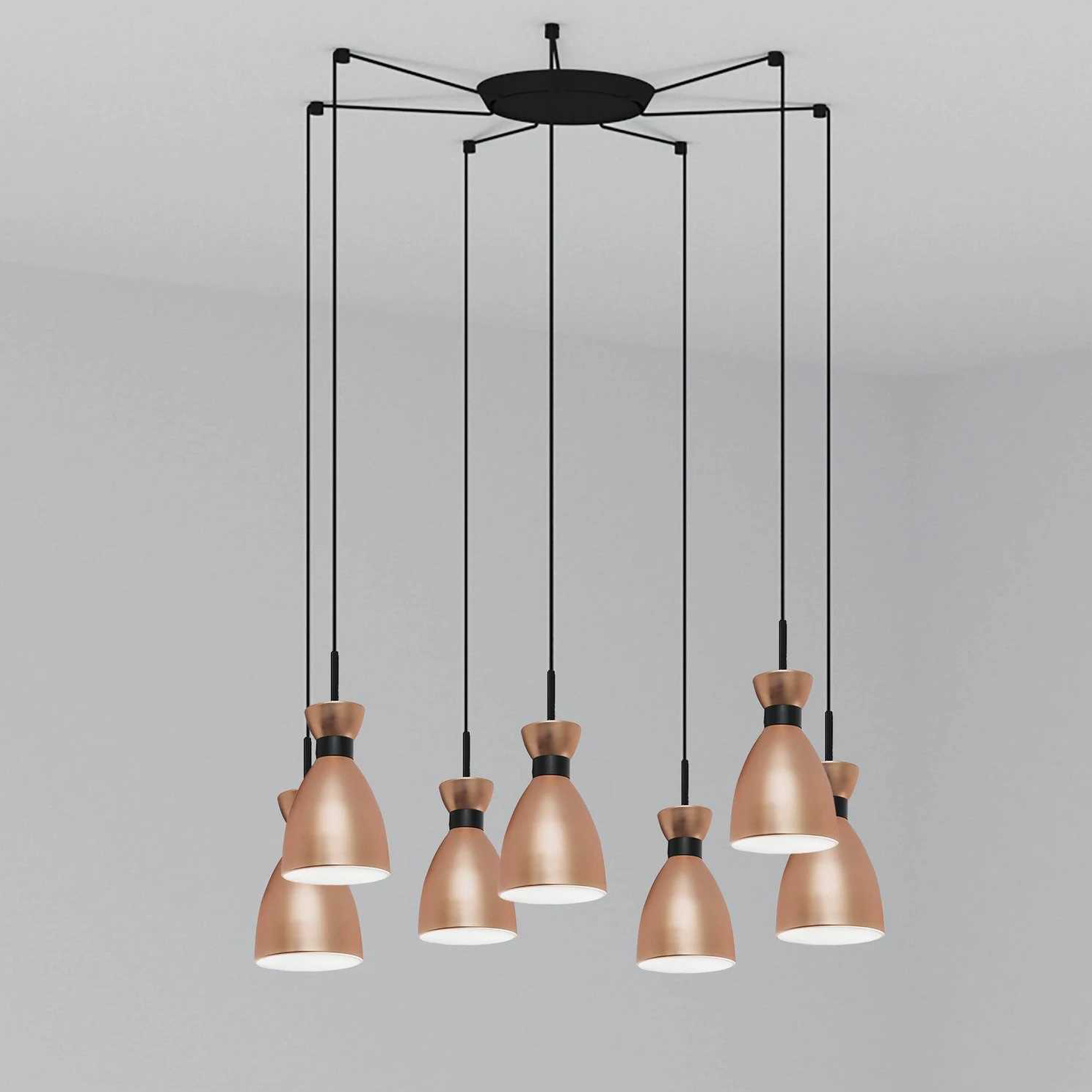 Lustra suspendata cu 7 pendule RETRO cupru, Pendule / Lustre suspendate moderne, LED⭐ modele elegante pentru bucatarie, living dormitor.✅DeSiGn decorativ unic!❤️Promotii lampi❗ ➽www.evalight.ro. Alege corpuri de iluminat suspendate pt interior stil modern, suspensii de tip pendule cu cristale, abajur material textil, lemn, metal, sticla, bec tip lumanare Edison sau LED, ieftine si de lux, calitate deosebita la cel mai bun pret. a