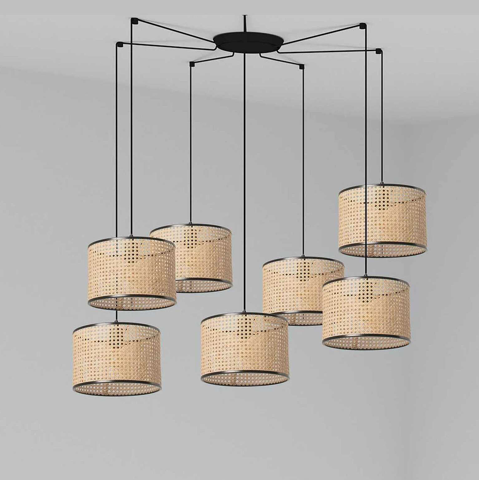 Lustra suspendata cu 7 pendule design natural MAMBO ø32cm negru/ratan, Pendule / Lustre suspendate moderne, LED⭐ modele elegante pentru bucatarie, living dormitor.✅DeSiGn decorativ unic!❤️Promotii lampi❗ ➽www.evalight.ro. Alege corpuri de iluminat suspendate pt interior stil modern, suspensii de tip pendule cu cristale, abajur material textil, lemn, metal, sticla, bec tip lumanare Edison sau LED, ieftine si de lux, calitate deosebita la cel mai bun pret. a