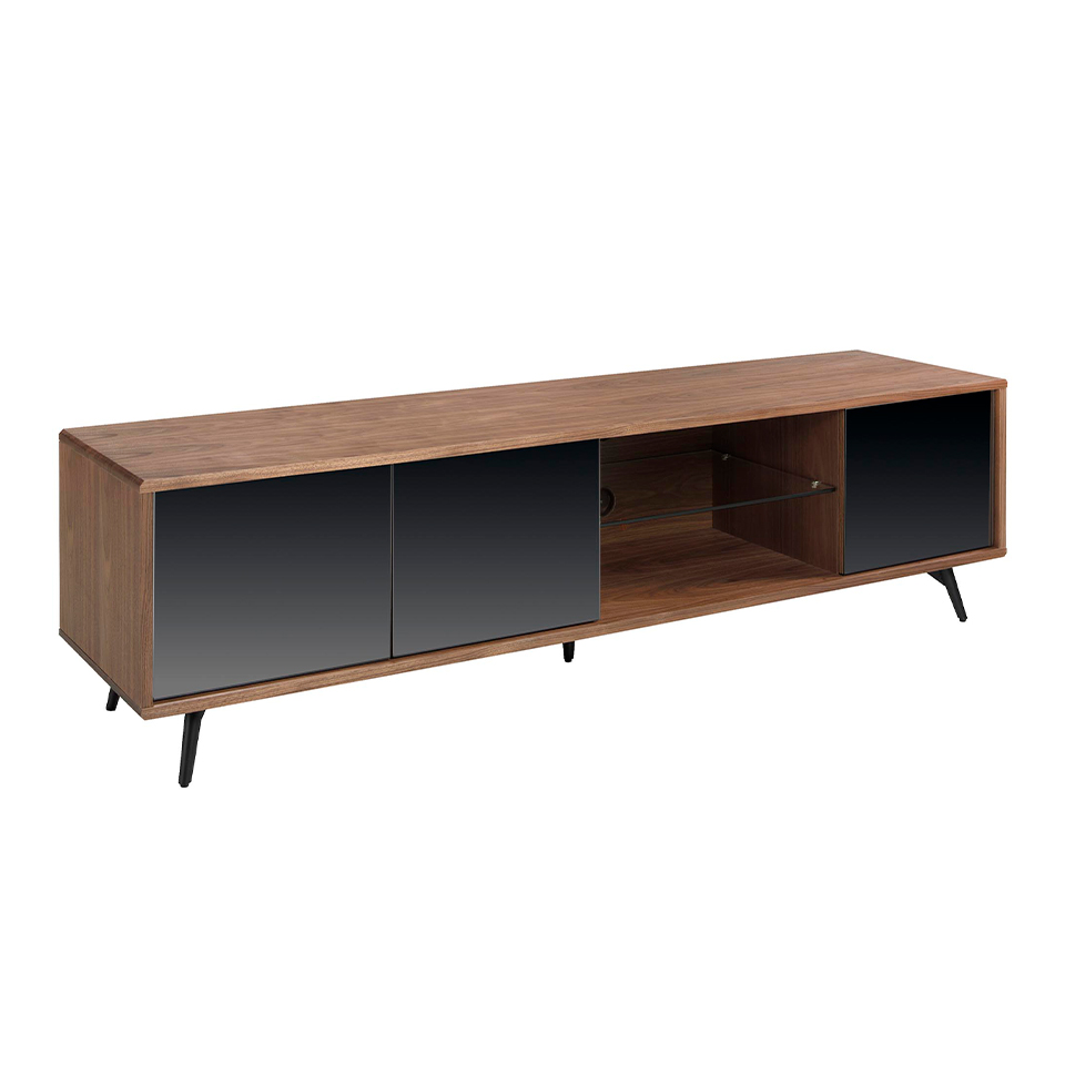 Comoda TV design LUX cu 3 usi negre efect de oglinda Walnut, Dulapuri / Comode moderne⭐ modele elegante de lux mobila cu sertare, usi si rafturi pentru living, dormitor si hol.❤️Promotii dulapuri si comode TV❗ Alege comode lungi masute tip comode TV din lemn, metal, sticla, albe lucioase, cu picioare inalte metalice, oglinda: clasice in stil baroc, scandinave, minimalist, vintage retro, industrial, calitate deosebita la cel mai bun pret. a