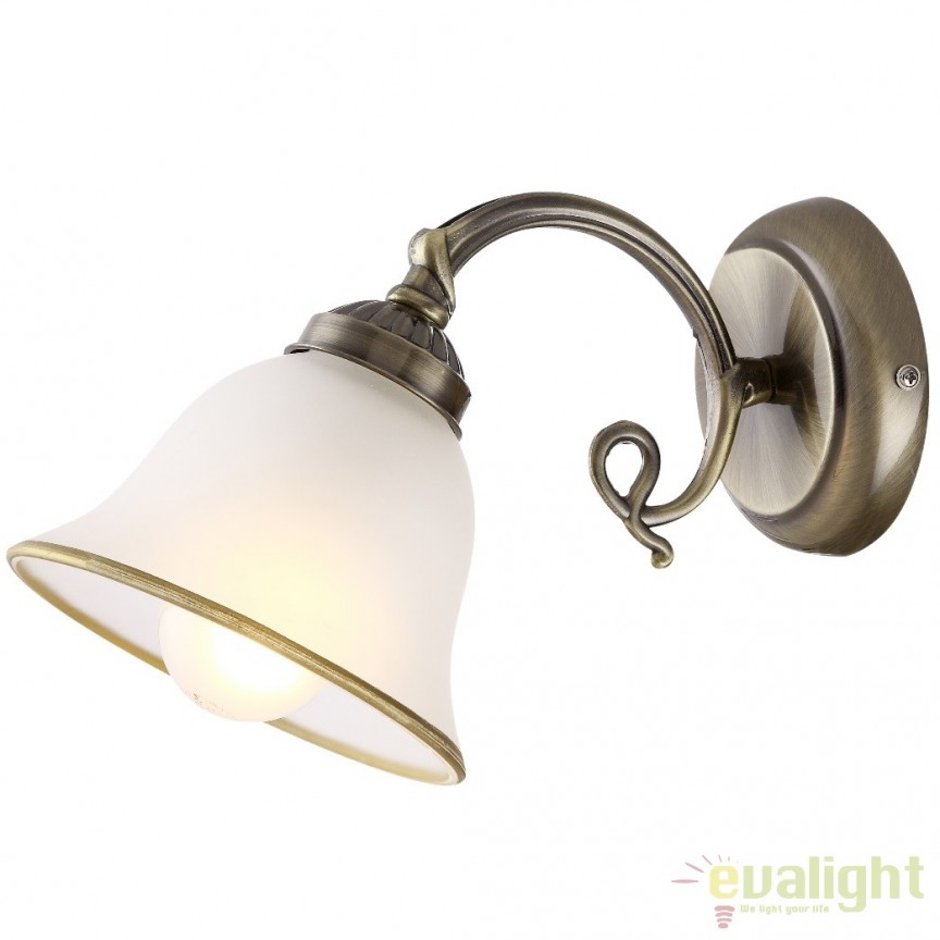 Aplica de perete clasica finisaj brass antique, Odin 60208W GL, Corpuri de iluminat clasice⭐ modele lustre interior pentru living, dormitor, bucatarie, baie, hol.✅DeSiGn decorativ unic!❤️Promotii lampi❗ ➽www.evalight.ro. Alege Corpuri de iluminat interior elegante in stil clasic, suspendate sau aplicate de tavan si perete, decorate traditional, industrial, retro sau vintage, pt casa, ieftine si de lux, calitate deosebita la cel mai bun pret. 
 a