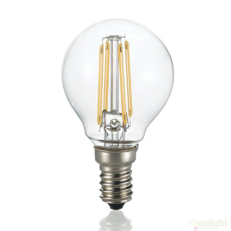 Bec LED CLASSIC E14 4W SFERA TRASPARENTE 3000K 101200, Becuri LED E14 - Bec soclu E14 - dulie bec E14⭐ modele becuri economice LED si clasice cu filament Edison style, decorative vintage.✅Clasa eficienta energetica❗ ➽ www.evalight.ro. Alege temperatura de culoare potrivita a becurilor functie de tipul de iluminare: cu lumina calda, rece, naturala sau neutra. 
Becuri cu soclu (dulie) de tip E14, surse de iluminat inteligente: cu senzor de miscare (telecomanda), (solare) cu consum redus de energie, surse incandescente cu dulie si soclu normale (ceramica, sticla, plastic, aluminiu), LED dimabile cu lumina calda (3000K), lumina rece alba (6500K) si lumina neutra (4000K), lumina naturala, flux luminos cu lumeni, bec LED echivalent 40W / 60W / 100W  tensinea curentului electric este de 12V fata de 220V (Volti) si durata mare de viata, becuri cu lumina puternica stralucitoare, colorate si multicolore, cu forma de lumanare, mari si rezistente la caldura si la apa, ce se aprinde instant la trecerea curentului electric, cu garantie cel mai bun pret❗ a