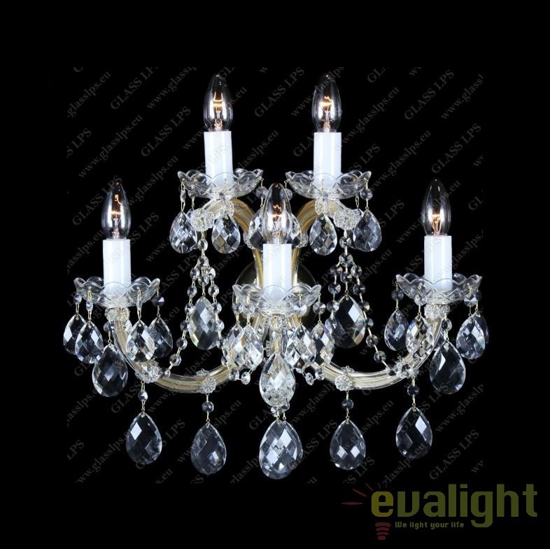 Aplica de perete Maria Theresa cu 5 brate, cristal Bohemia N24 001/05/1, Candelabre si Lustre moderne elegante⭐ modele clasice de lux pentru living, bucatarie si dormitor.✅ DeSiGn actual Top 2020!❤️Promotii lampi❗ ➽ www.evalight.ro. Oferte corpuri de iluminat suspendate pt camere de interior (înalte), suspensii (lungi) de tip lustre si candelabre, pendule decorative stil modern, clasic, rustic, baroc, scandinav, retro sau vintage, aplicate pe perete sau de tavan, cu cristale, abajur din material textil, lemn, metal, sticla, bec Edison sau LED, ieftine de calitate deosebita la cel mai bun pret. a