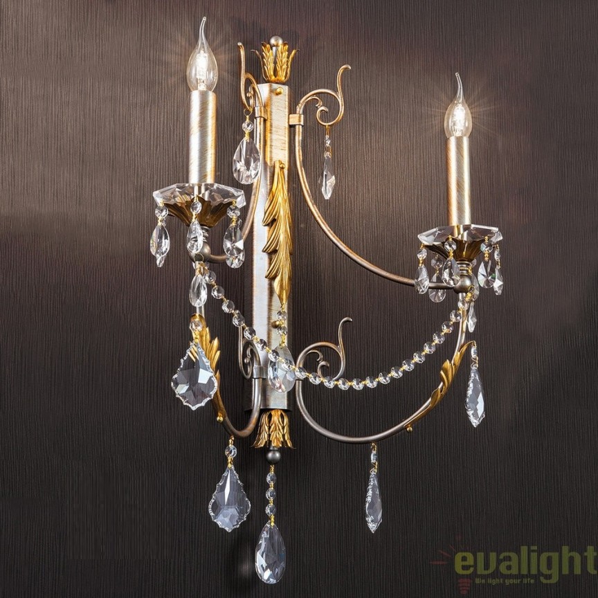 Aplica de perete LUX super eleganta cristal 2 brate Miramare WA 2-1305/2 silber-goldOR, Candelabre si Lustre moderne elegante⭐ modele clasice de lux pentru living, bucatarie si dormitor.✅ DeSiGn actual Top 2020!❤️Promotii lampi❗ ➽ www.evalight.ro. Oferte corpuri de iluminat suspendate pt camere de interior (înalte), suspensii (lungi) de tip lustre si candelabre, pendule decorative stil modern, clasic, rustic, baroc, scandinav, retro sau vintage, aplicate pe perete sau de tavan, cu cristale, abajur din material textil, lemn, metal, sticla, bec Edison sau LED, ieftine de calitate deosebita la cel mai bun pret. a