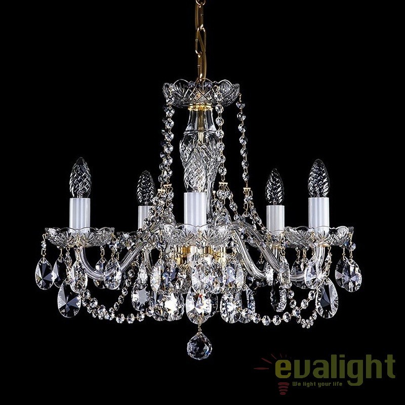 Candelabru elegant cu 5 brate Cristal Bohemia Exclusive ELSA V. CE, Lustre Cristal Bohemia⭐ modele deosebite de candelabre din cristal Bohemia autentic din Cehia.✅Design Baroc de lux Premium Top❗ ➽ www.evalight.ro. a