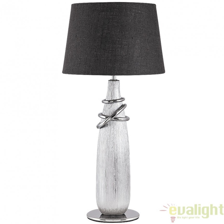 Veioza, lampa de masa, finisaj argintiu, diametru 28cm, Evelyn 4390 RX, Candelabre si Lustre moderne elegante⭐ modele clasice de lux pentru living, bucatarie si dormitor.✅ DeSiGn actual Top 2020!❤️Promotii lampi❗ ➽ www.evalight.ro. Oferte corpuri de iluminat suspendate pt camere de interior (înalte), suspensii (lungi) de tip lustre si candelabre, pendule decorative stil modern, clasic, rustic, baroc, scandinav, retro sau vintage, aplicate pe perete sau de tavan, cu cristale, abajur din material textil, lemn, metal, sticla, bec Edison sau LED, ieftine de calitate deosebita la cel mai bun pret. a