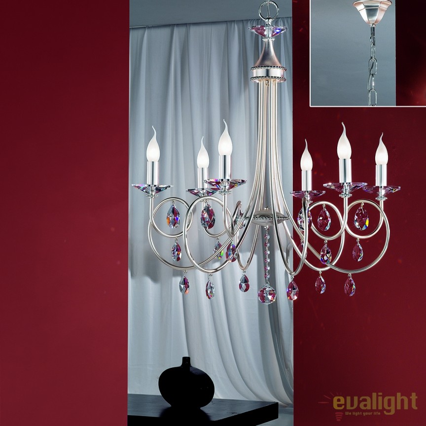 Candelabru 6 brate stil clasic cu cristale Swarovski Giada argintiu mat, Lustre cristal si Corpuri de iluminat suspendate⭐ modele de lux elegante din cristal Stil Exclusive.✅Design Premium Top❗ ➽ www.evalight.ro.  a