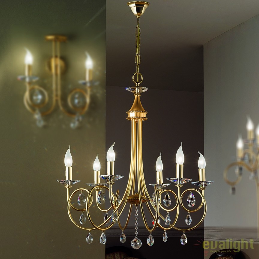 Candelabru 6 brate stil clasic cu cristale Swarovski Giada auriu mat, Lustre Cristal Bohemia⭐ modele deosebite de candelabre din cristal Bohemia autentic din Cehia.✅Design Baroc de lux Premium Top❗ ➽ www.evalight.ro. a