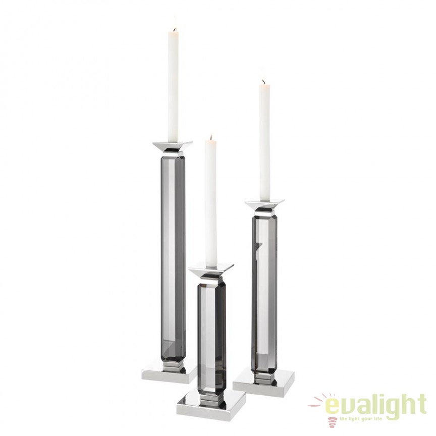 Set de 3 sfesnice design elegant Livia sticla fumurie/ nickel 112081 HZ, Obiecte decorative de lux⭐ accesorii moderne Vintage & Retro, decoratiuni interioare pentru casa, living, dormitor, bucatarie❗ www.evalight.ro.  a