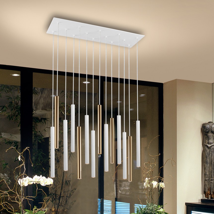 Lustra dimabila cu 14 pendule LED design modern Varas auriu/alb SV-373437, Pendule / Lustre suspendate moderne, LED⭐ modele elegante pentru bucatarie, living dormitor.✅DeSiGn decorativ unic!❤️Promotii lampi❗ ➽www.evalight.ro. Alege corpuri de iluminat suspendate pt interior stil modern, suspensii de tip pendule cu cristale, abajur material textil, lemn, metal, sticla, bec tip lumanare Edison sau LED, ieftine si de lux, calitate deosebita la cel mai bun pret. a