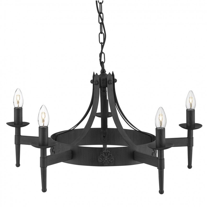 Candelabru stil rustic Cartwheel 5L 2425-5BK SRT, Lustre rustice, lemn⭐ modele de candelabre pentru iluminat interior.✅Design decorativ în stil rustic!❤️Promotii lampi❗ ➽www.evalight.ro. Alege corpuri de iluminat rustice de tip lustra din lemn sau fier forjat, lustre suspendate si pendule pt baie, bucatarie, living, dormitor, foisoare si terase casa, ieftine si de lux, calitate la cel mai bun pret. a