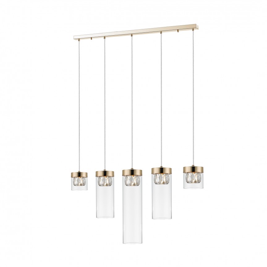 Lustra cu 5 pendule design modern GEM auriu P0389-05E-F7AC ZL, Candelabre si Lustre moderne elegante⭐ modele clasice de lux pentru living, bucatarie si dormitor.✅ DeSiGn actual Top 2020!❤️Promotii lampi❗ ➽ www.evalight.ro. Oferte corpuri de iluminat suspendate pt camere de interior (înalte), suspensii (lungi) de tip lustre si candelabre, pendule decorative stil modern, clasic, rustic, baroc, scandinav, retro sau vintage, aplicate pe perete sau de tavan, cu cristale, abajur din material textil, lemn, metal, sticla, bec Edison sau LED, ieftine de calitate deosebita la cel mai bun pret. a