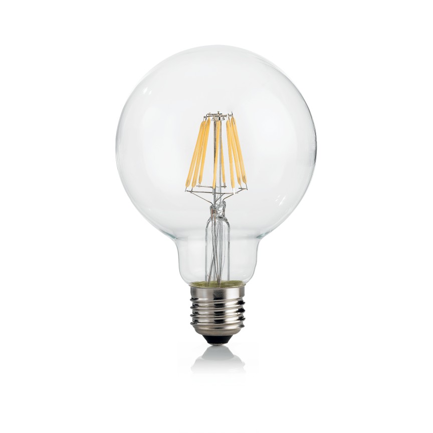 Bec LED dimabil E27 08W GLOBO D095 TRASP 3000K 188966 IDL, Becuri LED E27 - Bec soclu E27 - dulie bec E27⭐ modele becuri economice LED si clasice cu filament Edison style, decorative vintage.✅Clasa eficienta energetica❗ ➽ www.evalight.ro. Alege temperatura de culoare potrivita a becurilor functie de tipul de iluminare: cu lumina calda, rece, naturala sau neutra. 
Becuri cu soclu (dulie) de tip E27, surse de iluminat inteligente: cu senzor de miscare (telecomanda), (solare) cu consum redus de energie, surse incandescente cu dulie si soclu normale (ceramica, sticla, plastic, aluminiu), LED dimabile cu lumina calda (3000K), lumina rece alba (6500K) si lumina neutra (4000K), lumina naturala, flux luminos cu lumeni, bec LED echivalent 40W / 60W / 100W  tensinea curentului electric este de 12V fata de 220V (Volti) si durata mare de viata, becuri cu lumina puternica stralucitoare, colorate si multicolore, cu forma de lumanare, glob mare sau mic, rezistente la caldura si la apa, ce se aprinde instant la trecerea curentului electric, cu garantie cel mai bun pret❗ a