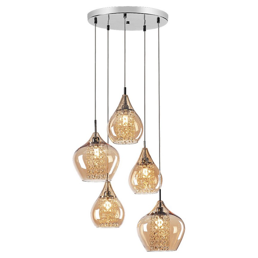 Lustra cu 5 pendule din sticla galben de chihlimbar Cassandra 6660 RX, Pendule / Lustre suspendate moderne, LED⭐ modele elegante pentru bucatarie, living dormitor.✅DeSiGn decorativ unic!❤️Promotii lampi❗ ➽www.evalight.ro. Alege corpuri de iluminat suspendate pt interior stil modern, suspensii de tip pendule cu cristale, abajur material textil, lemn, metal, sticla, bec tip lumanare Edison sau LED, ieftine si de lux, calitate deosebita la cel mai bun pret. a