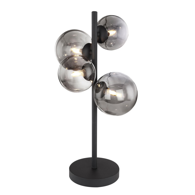 Veioza design modern RIHA fumurie 56133-4T GL, Veioze moderne de masa⭐ modele elegante inalte potrivite pentru noptiere dormitor si living.✅DeSiGn decorativ de lux unic!❤️Promotii lampi❗ ➽www.evalight.ro. Alege corpuri de iluminat interior tip lampi mari mari cu picior inalt pt citit cu reader LED, de podea, aspect vintage deosebit cu cristal, abajur din material textil, sticla, lemn, metalic, ceramica cu flori, ieftine de calitate la cel mai bun pret. a