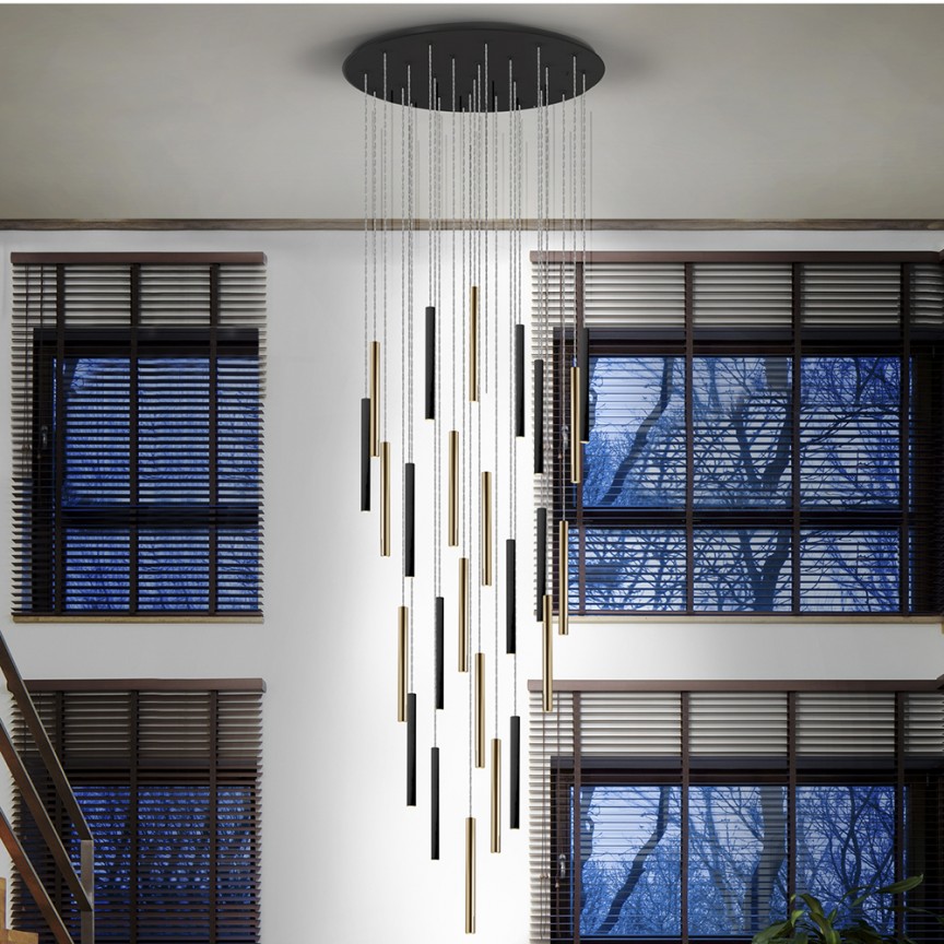 Lustra XL dimabila cu telecomanda 25 pendule LED design modern Varas auriu/negru SV-373968D, Lustre si corpuri de iluminat pentru casa scarii⭐ candelabre mari elegante de lux, decorate cu cristale, stil modern.✅DeSiGn decorativ unic❗ ➽www.evalight.ro. Alege corpuri de iluminat interior suspendate de tip suspensii, modele potrivite pt HoReCa (hotel, receptie restaurant, pensiune, bar), spatii comerciale sau case spatioase cu tavan înalt, calitate deosebita la cel mai bun pret. a