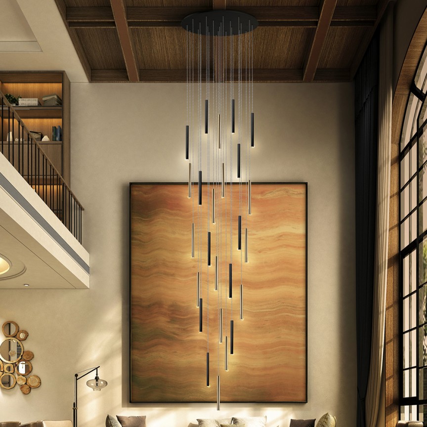 Lustra XXL dimabila cu 25 pendule LED design modern Varas auriu/negru SV-373968G, Lustre si corpuri de iluminat pentru casa scarii⭐ candelabre mari elegante de lux, decorate cu cristale, stil modern.✅DeSiGn decorativ unic❗ ➽www.evalight.ro. Alege corpuri de iluminat interior suspendate de tip suspensii, modele potrivite pt HoReCa (hotel, receptie restaurant, pensiune, bar), spatii comerciale sau case spatioase cu tavan înalt, calitate deosebita la cel mai bun pret. a