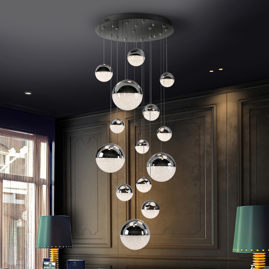 LUSTRA cu 14 pendule LED, H-300cm, DIMABILA prin BLUETOOTH Sphere 60cm SV-793269B, Lustre si corpuri de iluminat pentru casa scarii⭐ candelabre mari elegante de lux, decorate cu cristale, stil modern.✅DeSiGn decorativ unic❗ ➽www.evalight.ro. Alege corpuri de iluminat interior suspendate de tip suspensii, modele potrivite pt HoReCa (hotel, receptie restaurant, pensiune, bar), spatii comerciale sau case spatioase cu tavan înalt, calitate deosebita la cel mai bun pret. a