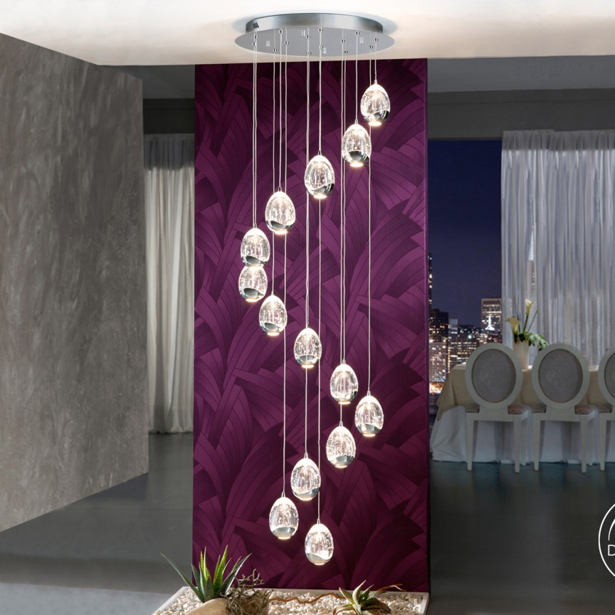 LUSTRA LED CU 14 PENDULE LED DIMABILA prin BLUETOOTH ROCIO, crom SV-785635B, Lustre si corpuri de iluminat pentru casa scarii⭐ candelabre mari elegante de lux, decorate cu cristale, stil modern.✅DeSiGn decorativ unic❗ ➽www.evalight.ro. Alege corpuri de iluminat interior suspendate de tip suspensii, modele potrivite pt HoReCa (hotel, receptie restaurant, pensiune, bar), spatii comerciale sau case spatioase cu tavan înalt, calitate deosebita la cel mai bun pret. a