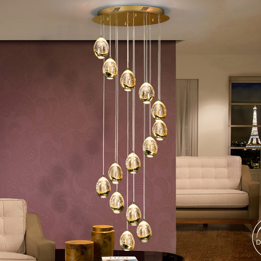 LUSTRA LED CU 14 PENDULE LED DIMABILA prin BLUETOOTH ROCIO, auriu SV-785648B, Lustre si corpuri de iluminat pentru casa scarii⭐ candelabre mari elegante de lux, decorate cu cristale, stil modern.✅DeSiGn decorativ unic❗ ➽www.evalight.ro. Alege corpuri de iluminat interior suspendate de tip suspensii, modele potrivite pt HoReCa (hotel, receptie restaurant, pensiune, bar), spatii comerciale sau case spatioase cu tavan înalt, calitate deosebita la cel mai bun pret. a