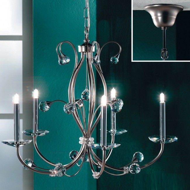 Candelabru elegant de lux cristal Swarovski Eremitage 5L satin chrome, Lustre cristal si Corpuri de iluminat suspendate⭐ modele de lux elegante din cristal Stil Exclusive.✅Design Premium Top❗ ➽ www.evalight.ro.  a