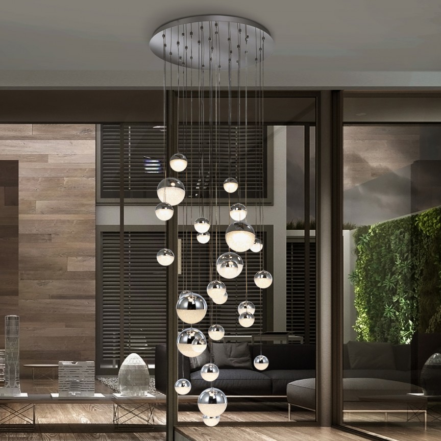 LUSTRA XXL cu 27 pendule LED, H-500cm, DIMABILA prin BLUETOOTH Sphere, Lustre si corpuri de iluminat pentru casa scarii⭐ candelabre mari elegante de lux, decorate cu cristale, stil modern.✅DeSiGn decorativ unic❗ ➽www.evalight.ro. Alege corpuri de iluminat interior suspendate de tip suspensii, modele potrivite pt HoReCa (hotel, receptie restaurant, pensiune, bar), spatii comerciale sau case spatioase cu tavan înalt, calitate deosebita la cel mai bun pret. a