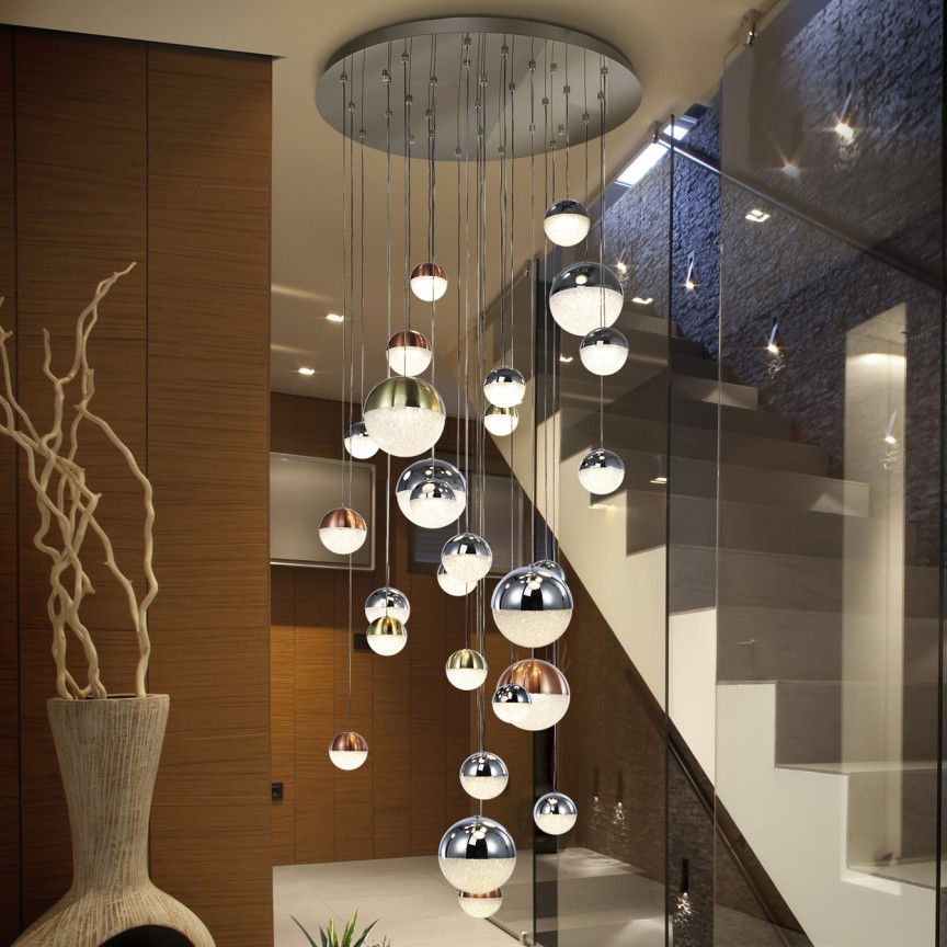 LUSTRA XXL cu 27 pendule LED, H-300cm, DIMABILA prin BLUETOOTH Sphere, Lustre si corpuri de iluminat pentru casa scarii⭐ candelabre mari elegante de lux, decorate cu cristale, stil modern.✅DeSiGn decorativ unic❗ ➽www.evalight.ro. Alege corpuri de iluminat interior suspendate de tip suspensii, modele potrivite pt HoReCa (hotel, receptie restaurant, pensiune, bar), spatii comerciale sau case spatioase cu tavan înalt, calitate deosebita la cel mai bun pret. a